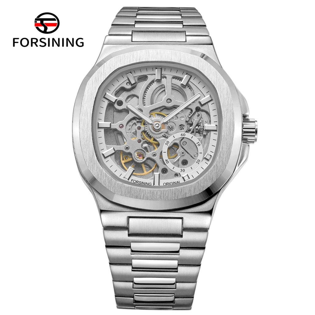 Forsining Stainless Steel Waterproof Mens Skeleton Watches Top Brand Luxury Transparent Mechanical Wrist Watches