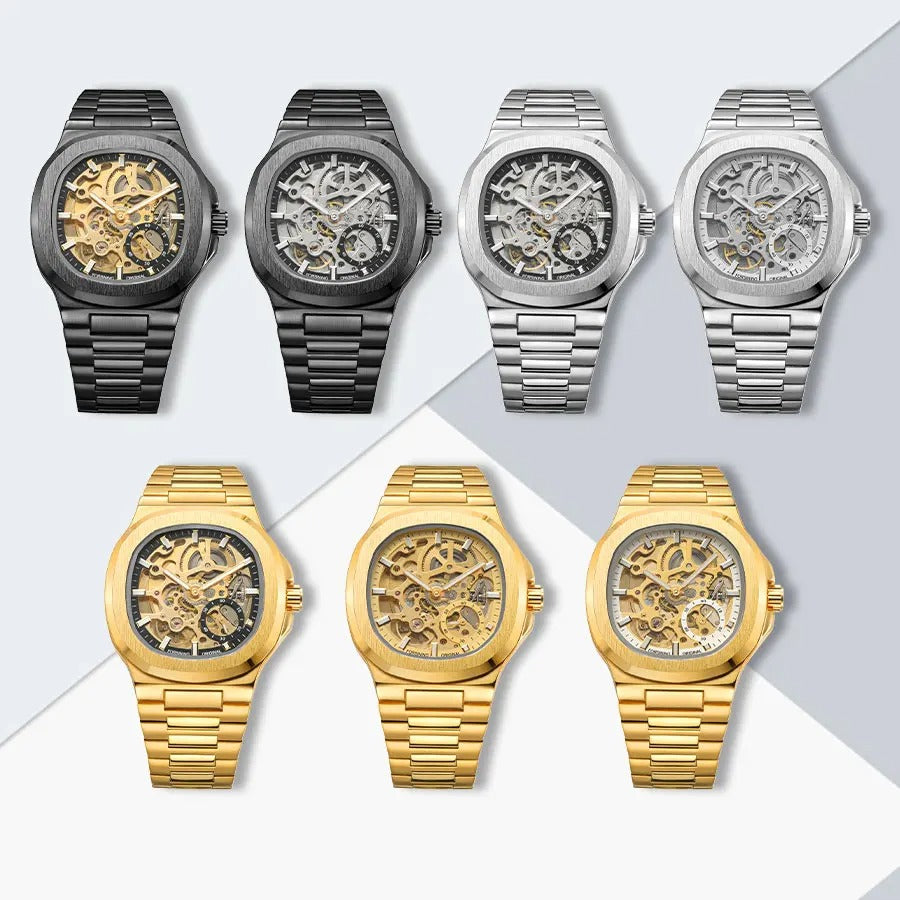 Forsining Stainless Steel Waterproof Mens Skeleton Watches Top Brand Luxury Transparent Mechanical Wrist Watches