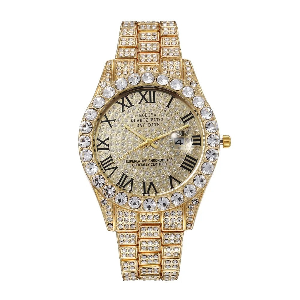 Hot Sale Diamond Bling Watch Men Gold Color Luxury Gift Quartz Watches Male Clock Rhinestone Wristwatch