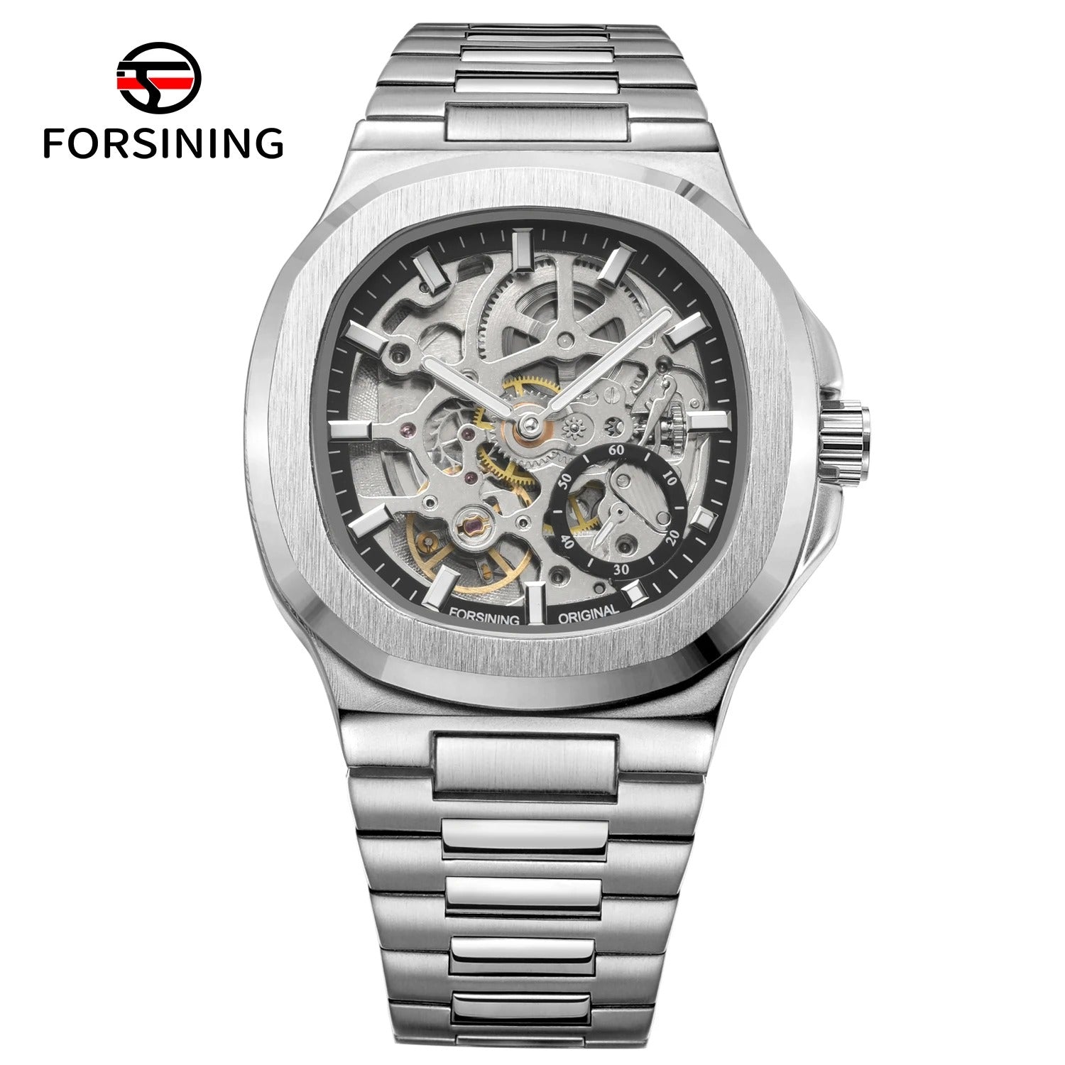 Forsining Stainless Steel Waterproof Mens Skeleton Watches Top Brand Luxury Transparent Mechanical Wrist Watches