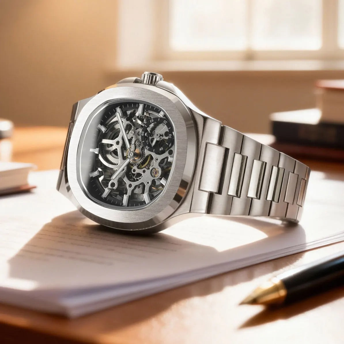 Forsining Stainless Steel Waterproof Mens Skeleton Watches Top Brand Luxury Transparent Mechanical Wrist Watches