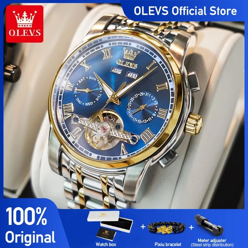 OLEVS Men's Watches Top Brand Luxury Watch for Men Original Waterproof Stainless Steel Chronograph Moon Phase