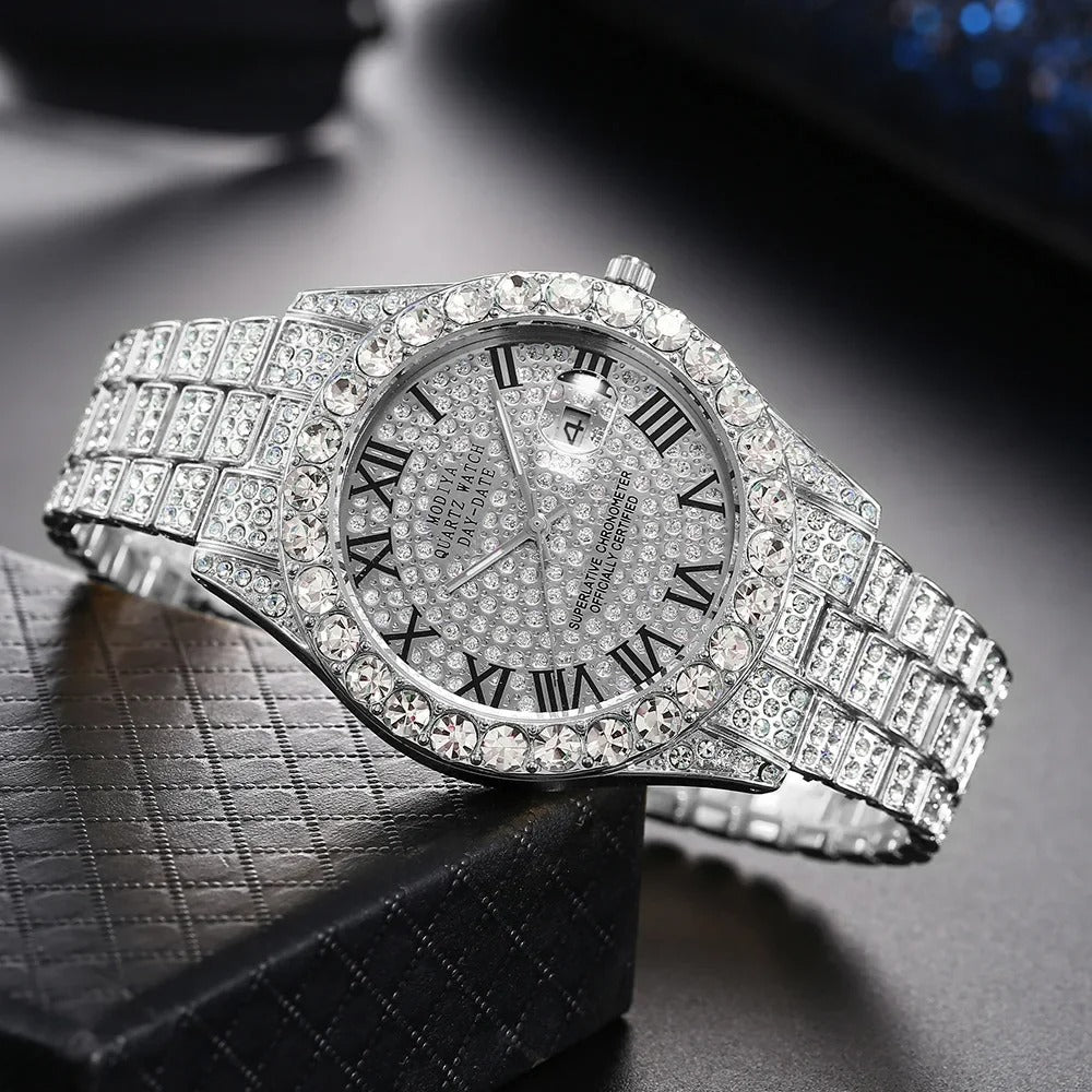 Hot Sale Diamond Bling Watch Men Gold Color Luxury Gift Quartz Watches Male Clock Rhinestone Wristwatch