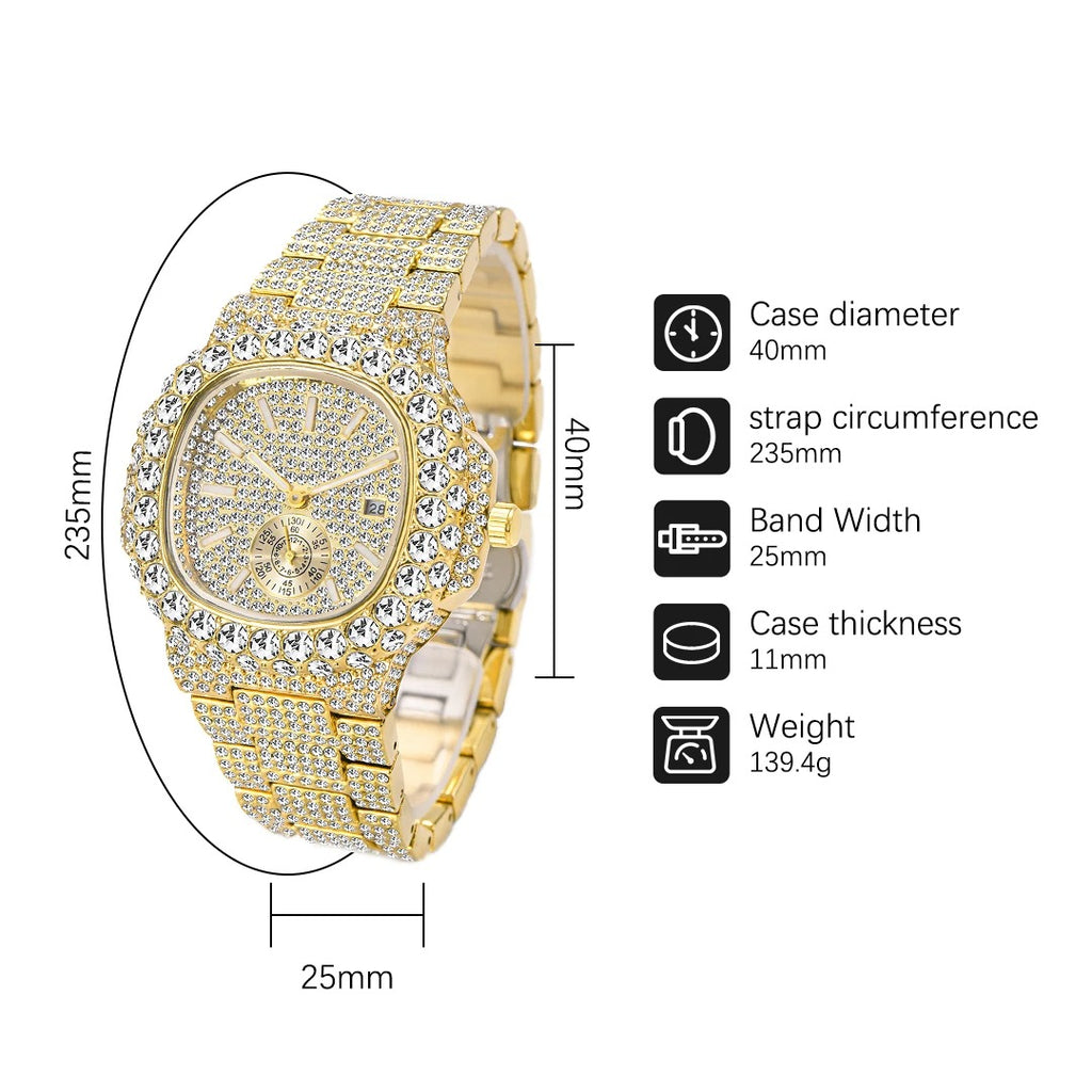 Gold Watch For Men Diamond Iced Out Hip Hop Stylish Quartz Watches For Male Double Dial Heavry Waterproof Wristwatches