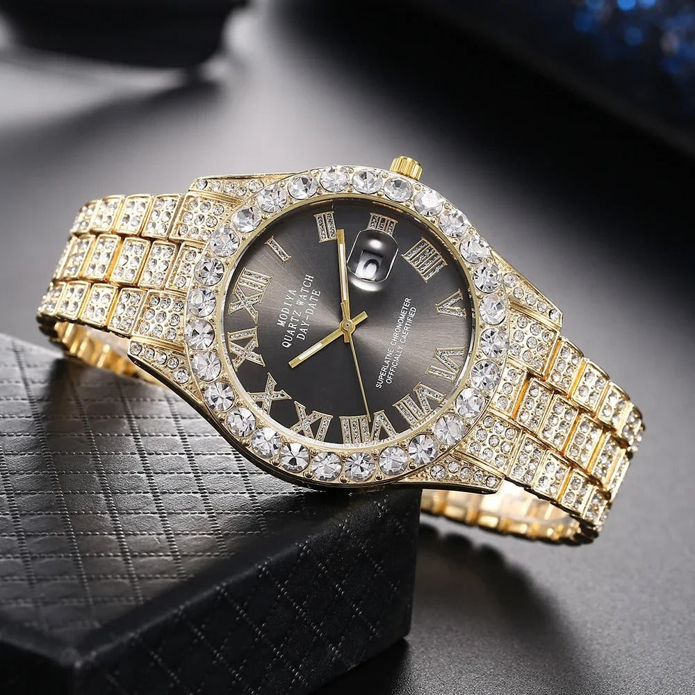 Hot Sale Diamond Bling Watch Men Gold Color Luxury Gift Quartz Watches Male Clock Rhinestone Wristwatch