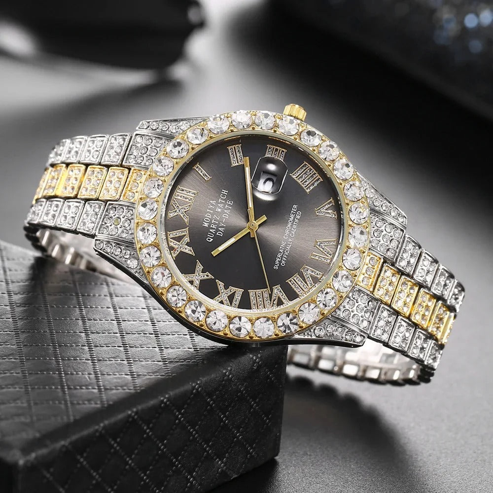 Hot Sale Diamond Bling Watch Men Gold Color Luxury Gift Quartz Watches Male Clock Rhinestone Wristwatch
