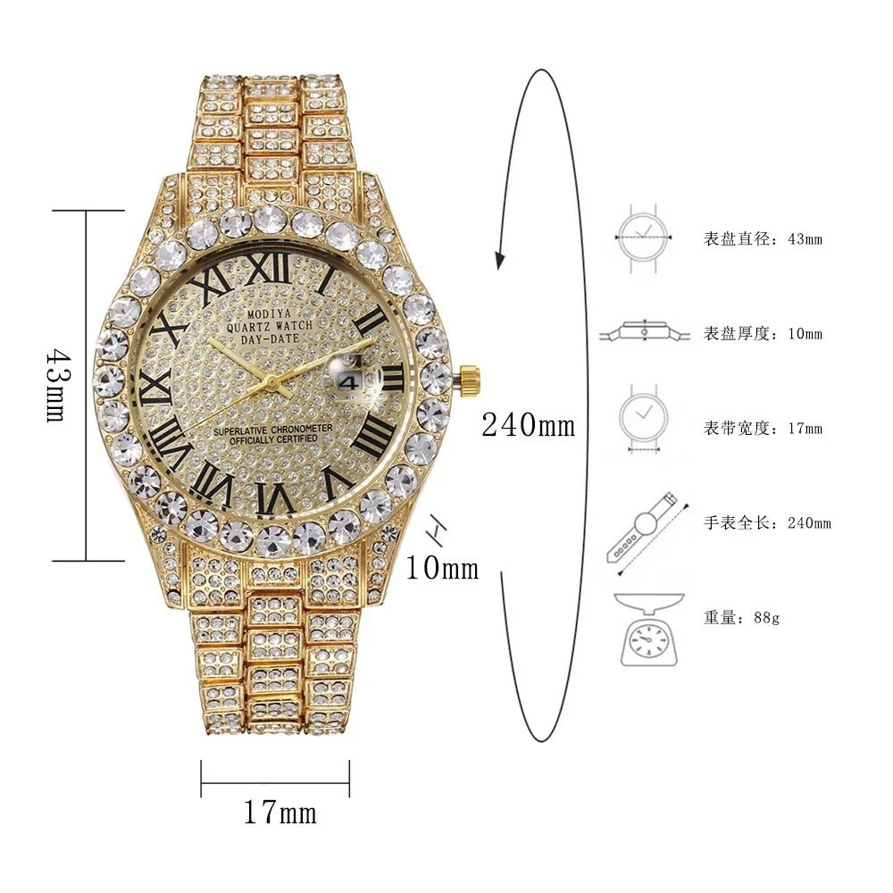 Hot Sale Diamond Bling Watch Men Gold Color Luxury Gift Quartz Watches Male Clock Rhinestone Wristwatch