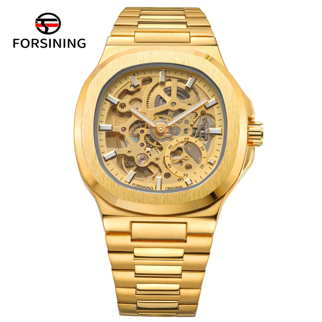 Forsining Stainless Steel Waterproof Mens Skeleton Watches Top Brand Luxury Transparent Mechanical Wrist Watches