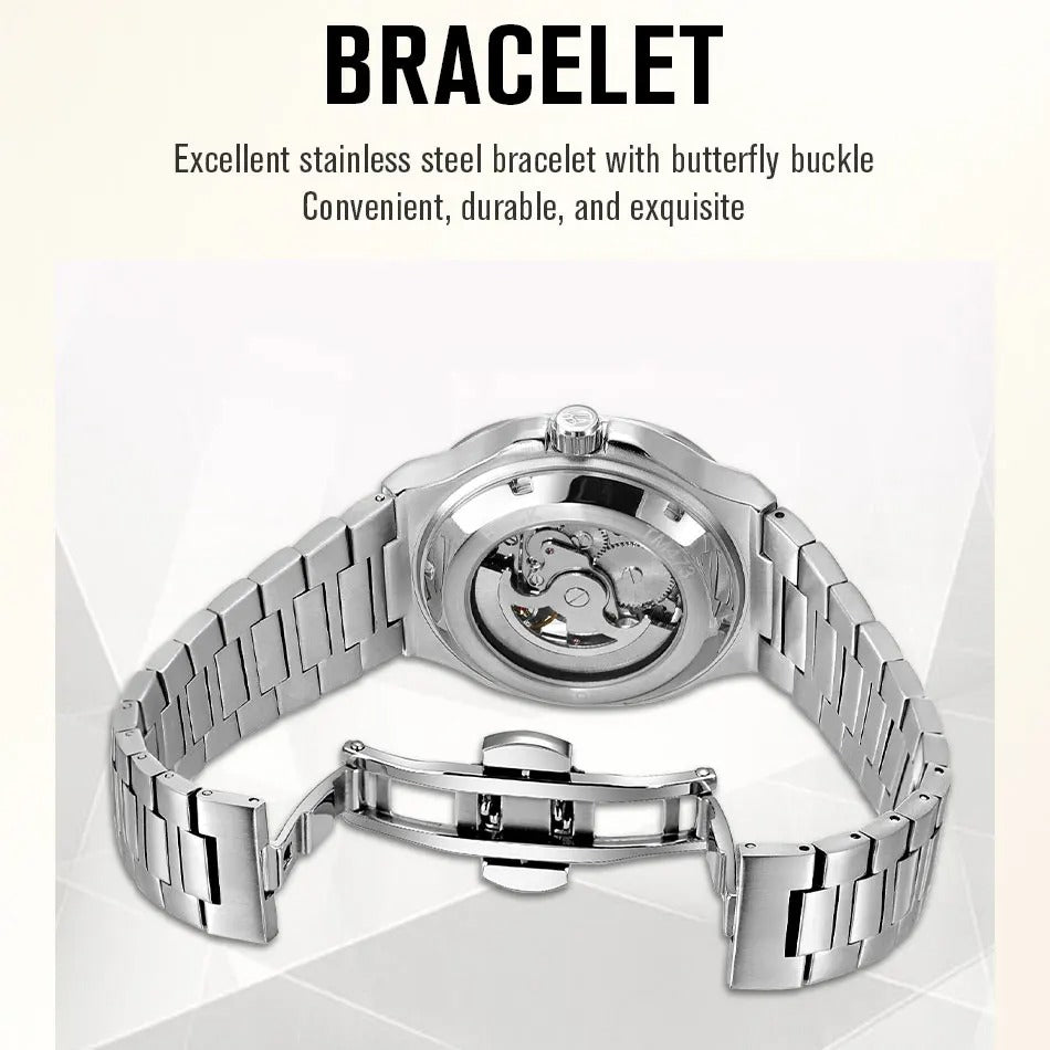 Forsining Stainless Steel Waterproof Mens Skeleton Watches Top Brand Luxury Transparent Mechanical Wrist Watches