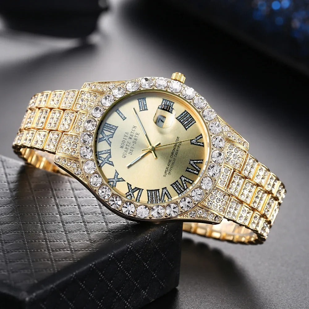 Hot Sale Diamond Bling Watch Men Gold Color Luxury Gift Quartz Watches Male Clock Rhinestone Wristwatch