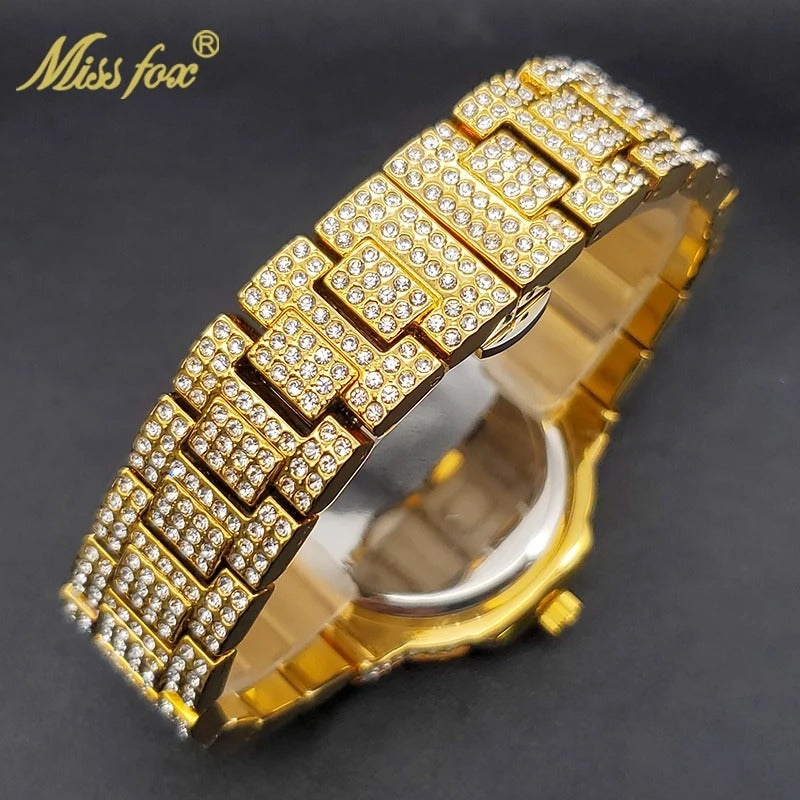 Gold Watch For Men Diamond Iced Out Hip Hop Stylish Quartz Watches For Male Double Dial Heavry Waterproof Wristwatches