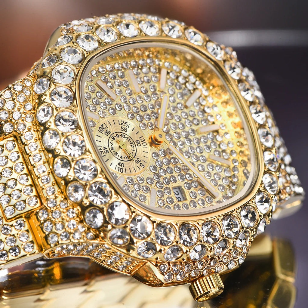 Gold Watch For Men Diamond Iced Out Hip Hop Stylish Quartz Watches For Male Double Dial Heavry Waterproof Wristwatches