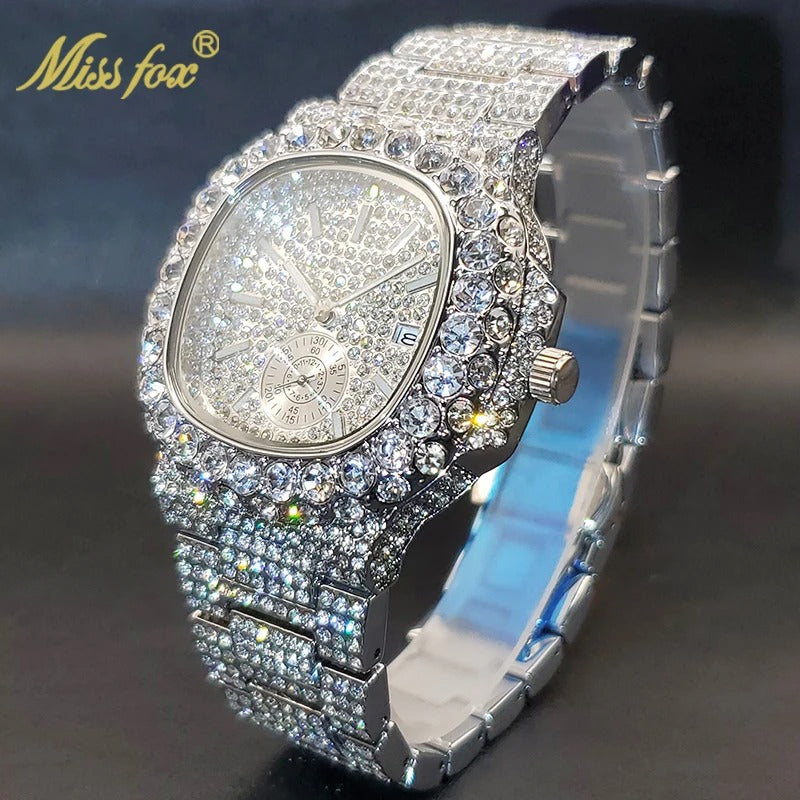 Gold Watch For Men Diamond Iced Out Hip Hop Stylish Quartz Watches For Male Double Dial Heavry Waterproof Wristwatches