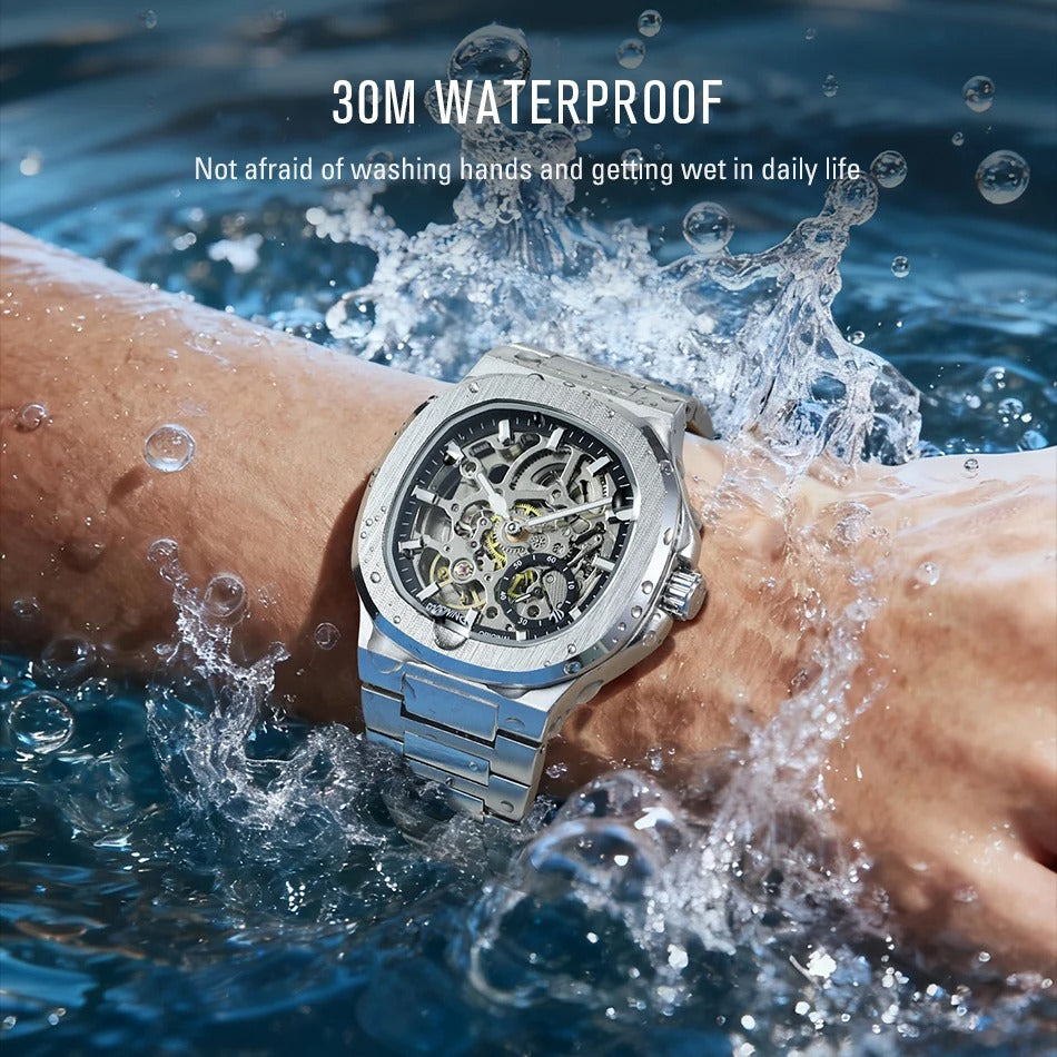 Forsining Stainless Steel Waterproof Mens Skeleton Watches Top Brand Luxury Transparent Mechanical Wrist Watches