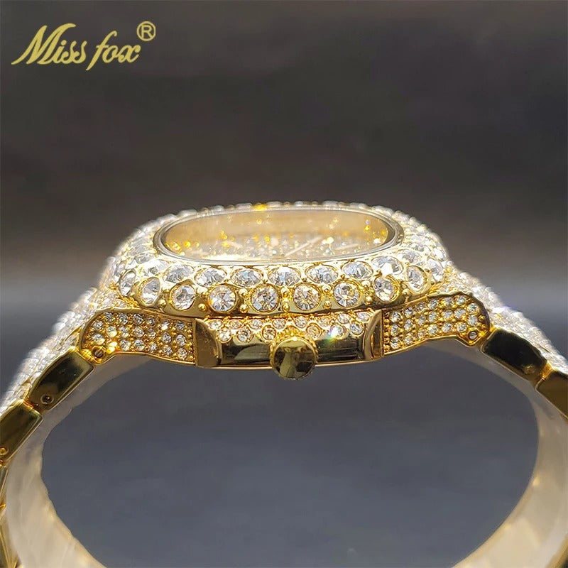 Gold Watch For Men Diamond Iced Out Hip Hop Stylish Quartz Watches For Male Double Dial Heavry Waterproof Wristwatches