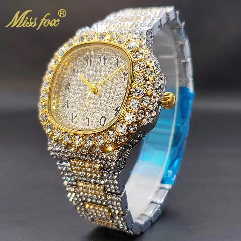 Gold Watch For Men Diamond Iced Out Hip Hop Stylish Quartz Watches For Male Double Dial Heavry Waterproof Wristwatches