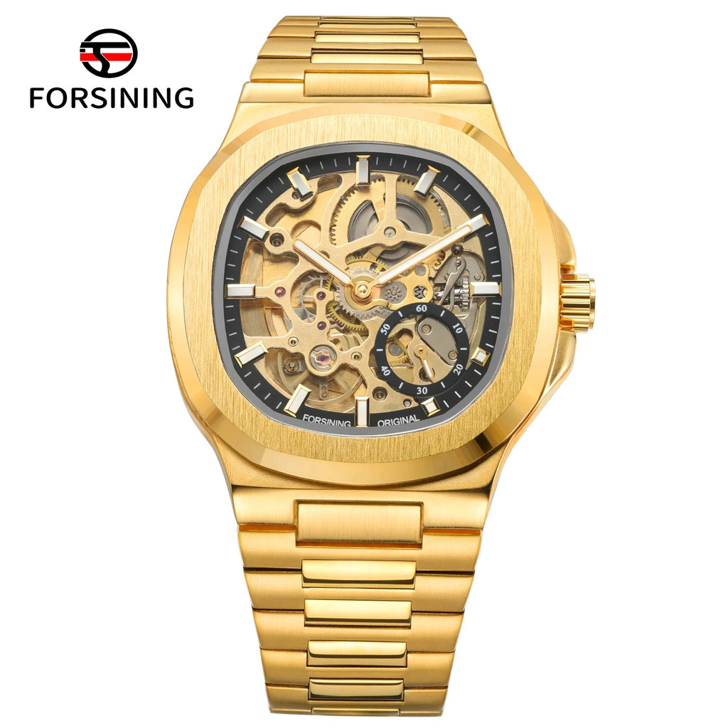Forsining Stainless Steel Waterproof Mens Skeleton Watches Top Brand Luxury Transparent Mechanical Wrist Watches