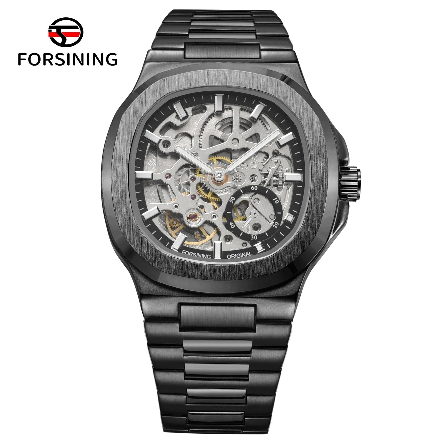 Forsining Stainless Steel Waterproof Mens Skeleton Watches Top Brand Luxury Transparent Mechanical Wrist Watches