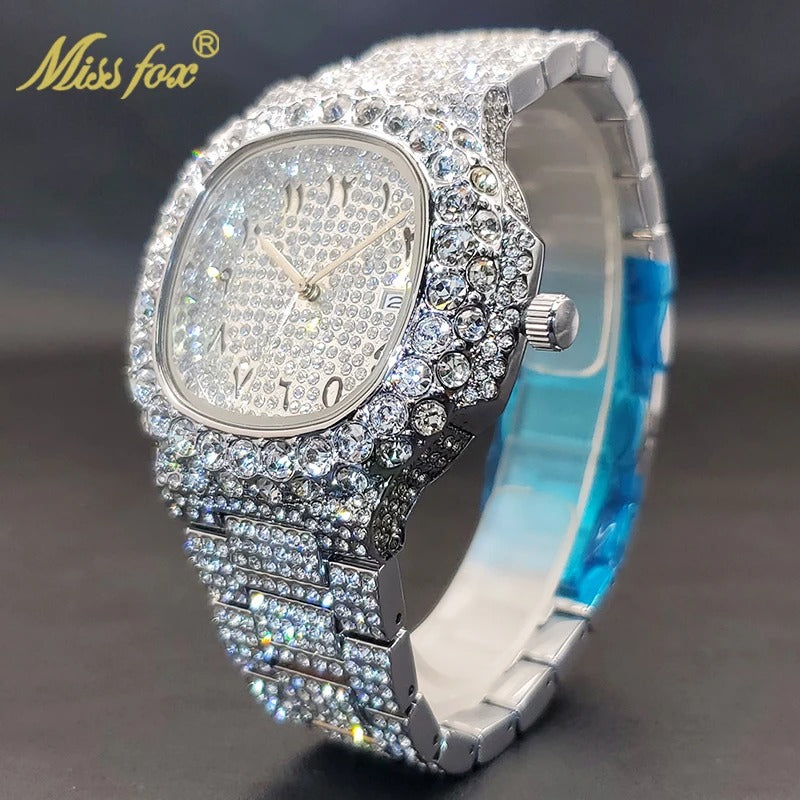 Gold Watch For Men Diamond Iced Out Hip Hop Stylish Quartz Watches For Male Double Dial Heavry Waterproof Wristwatches