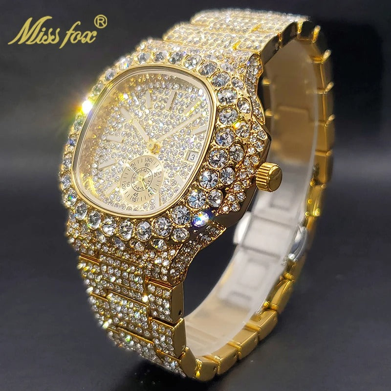 Gold Watch For Men Diamond Iced Out Hip Hop Stylish Quartz Watches For Male Double Dial Heavry Waterproof Wristwatches