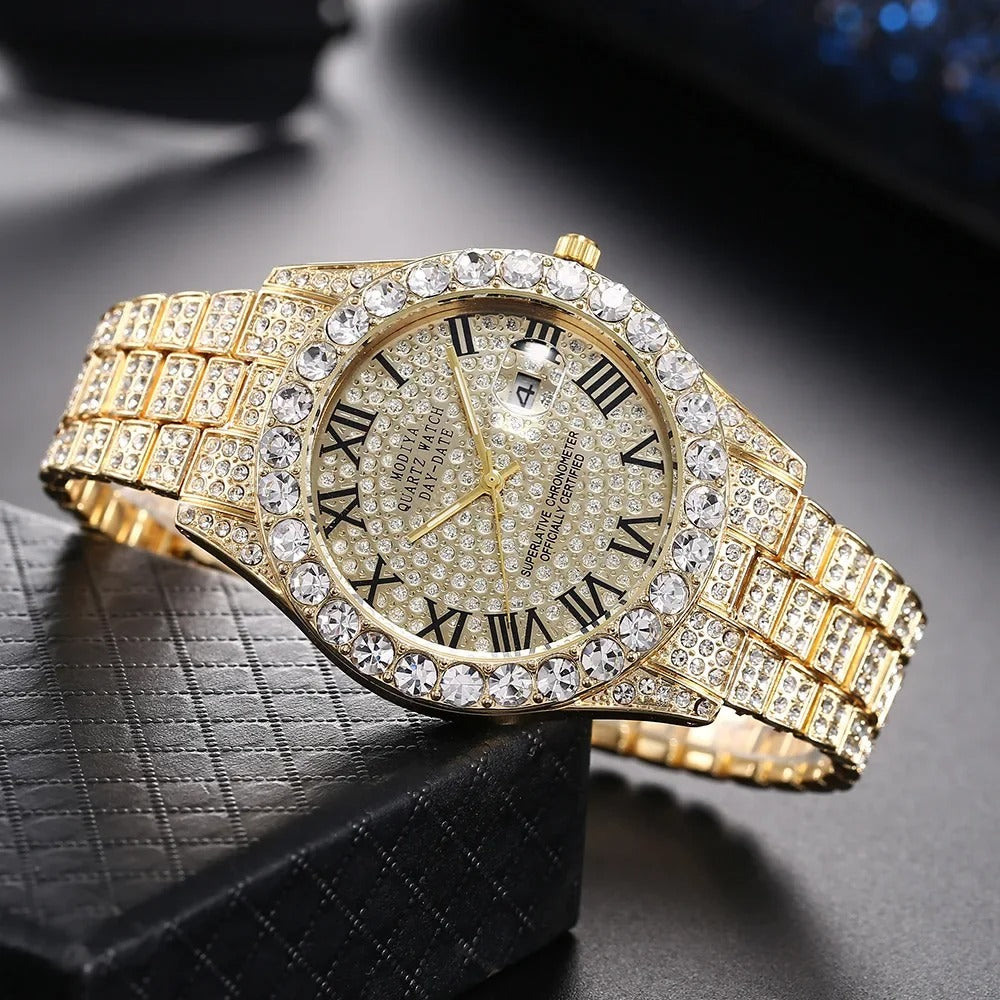 Hot Sale Diamond Bling Watch Men Gold Color Luxury Gift Quartz Watches Male Clock Rhinestone Wristwatch