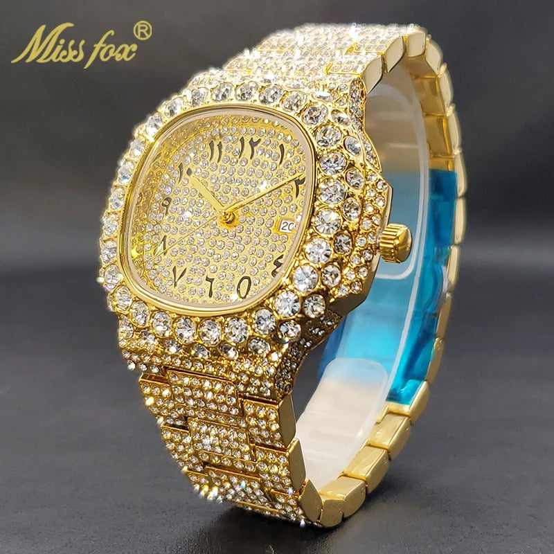 Gold Watch For Men Diamond Iced Out Hip Hop Stylish Quartz Watches For Male Double Dial Heavry Waterproof Wristwatches