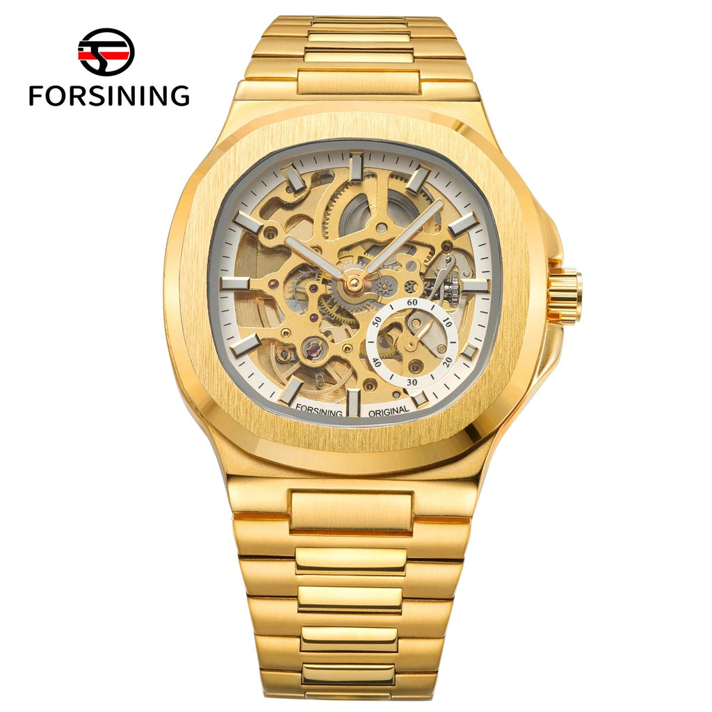 Forsining Stainless Steel Waterproof Mens Skeleton Watches Top Brand Luxury Transparent Mechanical Wrist Watches