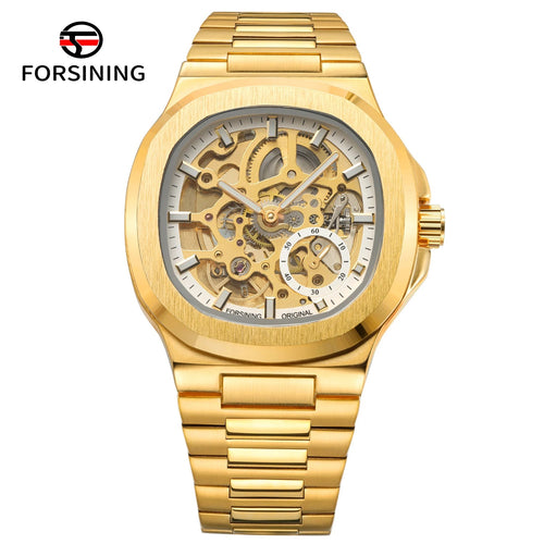 Forsining Stainless Steel Waterproof Mens Skeleton Watches Top Brand Luxury Transparent Mechanical Wrist Watches