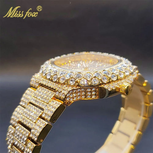 Gold Watch For Men Diamond Iced Out Hip Hop Stylish Quartz Watches For Male Double Dial Heavry Waterproof Wristwatches