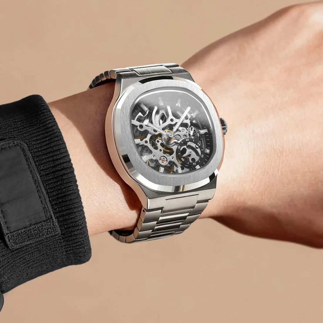 Forsining Stainless Steel Waterproof Mens Skeleton Watches Top Brand Luxury Transparent Mechanical Wrist Watches