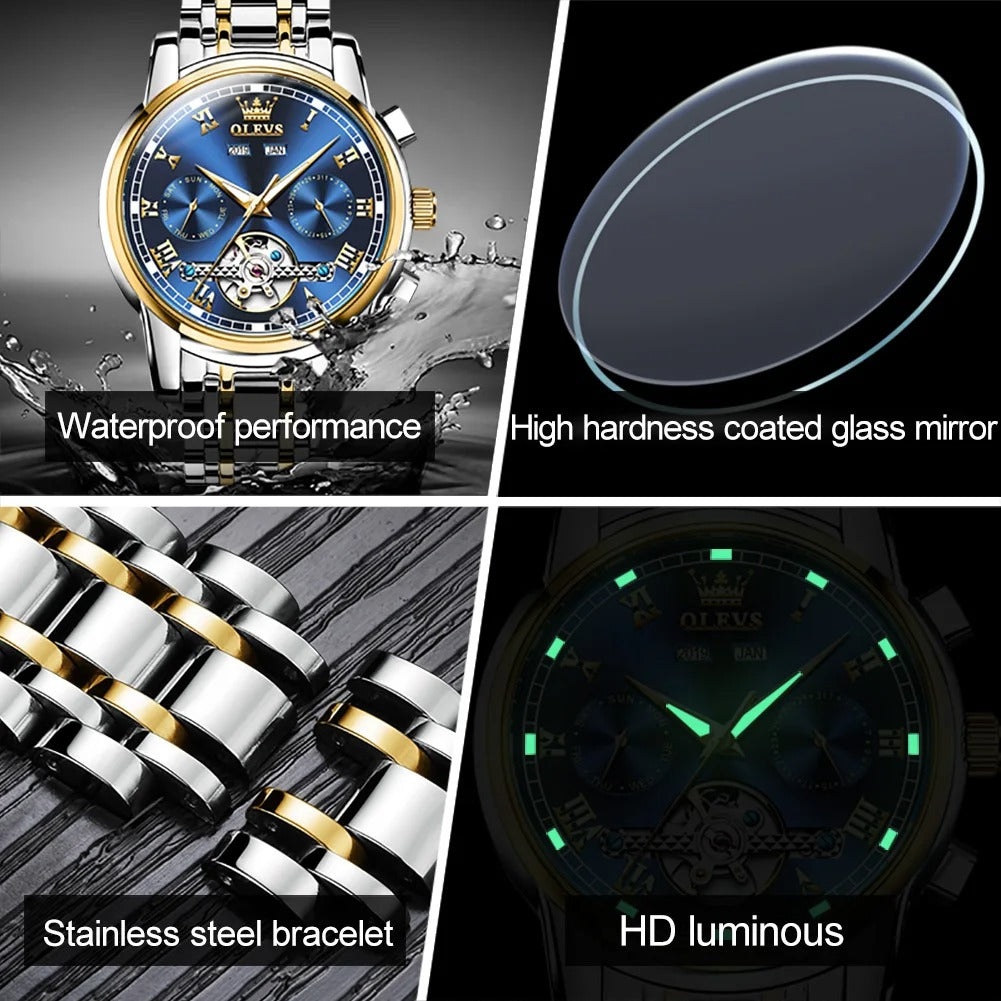 OLEVS Men's Watches Top Brand Luxury Watch for Men Original Waterproof Stainless Steel Chronograph Moon Phase