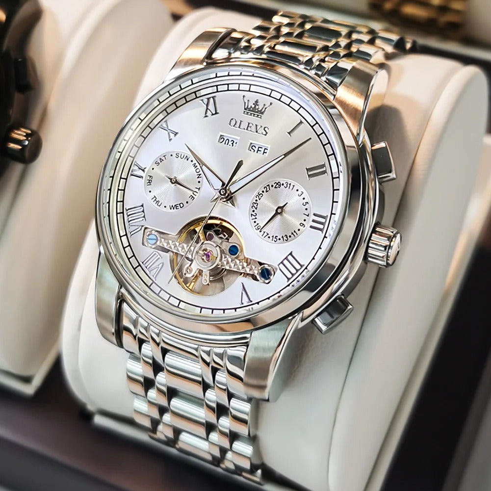 OLEVS Men's Watches Top Brand Luxury Watch for Men Original Waterproof Stainless Steel Chronograph Moon Phase