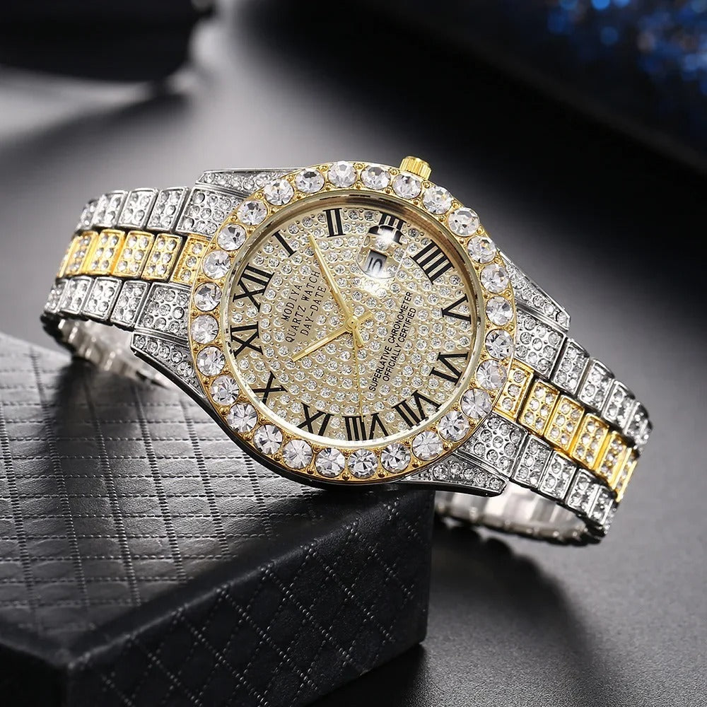 Hot Sale Diamond Bling Watch Men Gold Color Luxury Gift Quartz Watches Male Clock Rhinestone Wristwatch